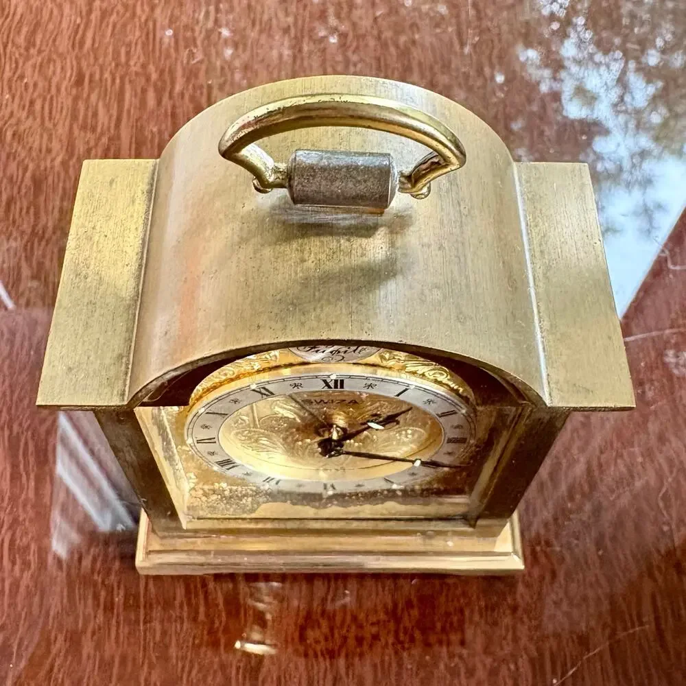 Vintage Swiza Swiss Brass Alarm Clock Tempus Fugit Mantel Clock